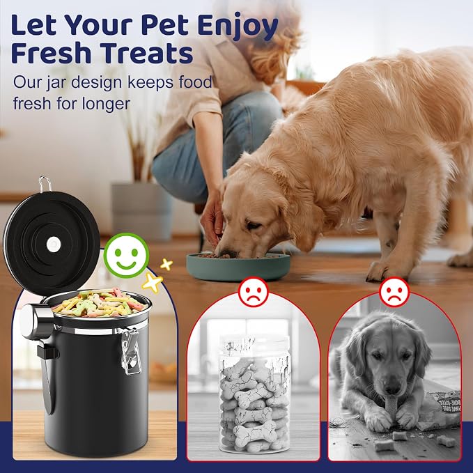 ENONCI Airtight Dog Treat Canister, 304 Stainless Steel Food Storage Jar with Date Dial Black-1.5L