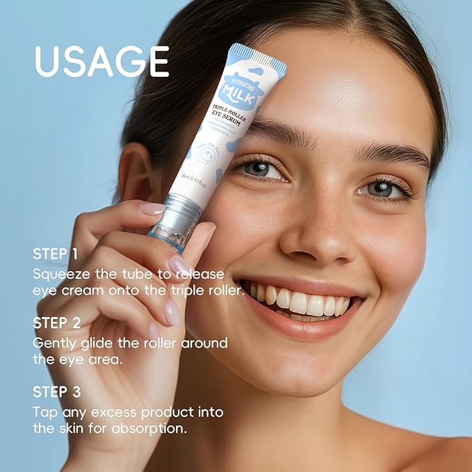ARAKY Milk Eye Cream for Dark Circles and Puffiness, Hydrating Triple-roller Eye Serum, Improve Skin Elasticity, Intense Moisturizing Dullness, Dryness, Reduce Fine Lines, Skin Care Cream 0.51 oz