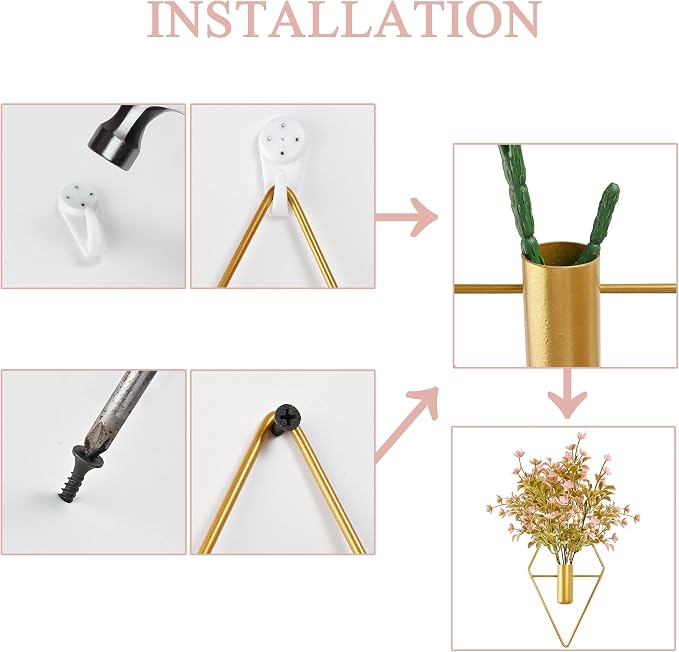 Yorkmills Plant Wall Decor Gold Hanging Vase with Pink Artificial Flowers | Diamond Metal Wall Planter Decorations Set of 2, Fake Plant Home Wall Decor for Living Room, Dining Room, Bedroom, Bathroom