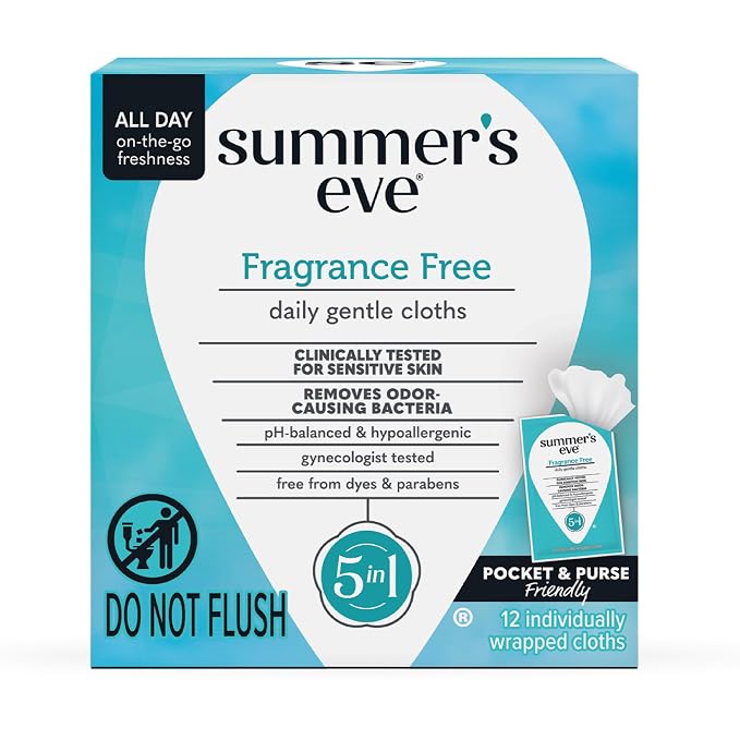Summer's Eve Feminine Wipes, Fragrance Free, Individually Wrapped Vaginal Wipes with Gentle pH-Balanced Micellar Water Formula, Feminine Care to Help Remove Vaginal Odor, Gynecologist Tested, 12 Ct