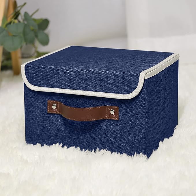 ANMINY Fabric Storage Box Bins with Lids, Blue, 15"x10"x10", 4 Pack | Keepsake Memory Storage, Cotton Linen, PP Board Reinforced, Washable, PU Handles, Foldable & Stackable, Decorative, Large