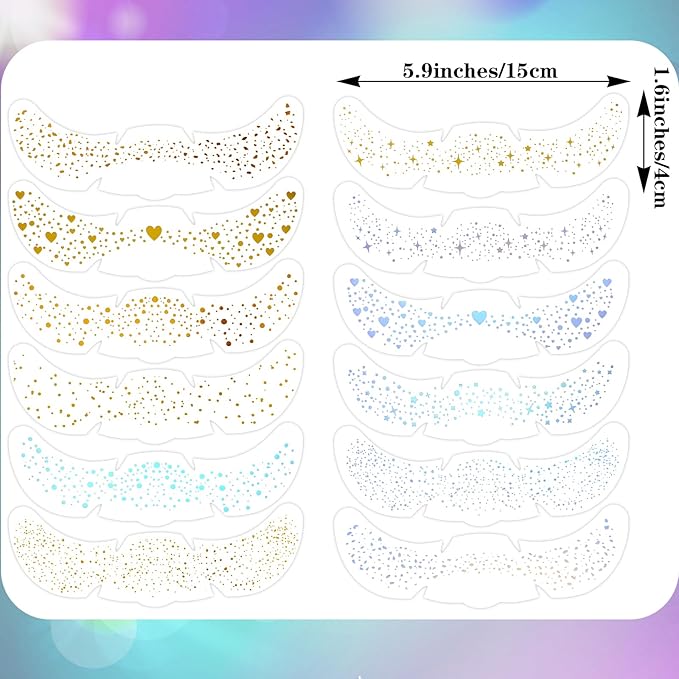 12 pcs Glitter Freckles Holographic Face Body Glitter Tattoo Sparkle Gold Glow Cosmetic Cute Star Temporary Face Tattoo Waterproof Sweatproof Sparkle Speckles Patches for Women Festival Rave Party