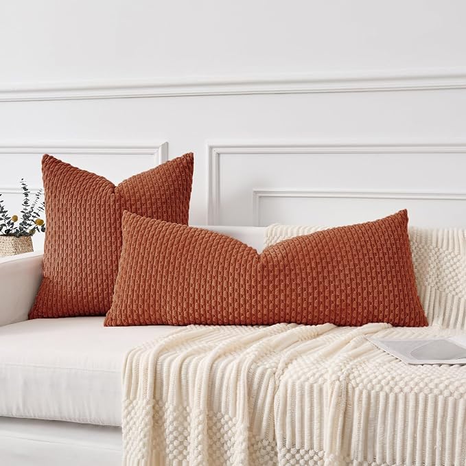 Kevin Textile Soft Corduroy 20"x54" Body Pillow Cover 1 Pack, Rust | Fall Boho Stripe Plush Corduroy Decorative Oblong Cushion Cover Modern Farmhouse Home Decor for Sofa Couch Bed Chair