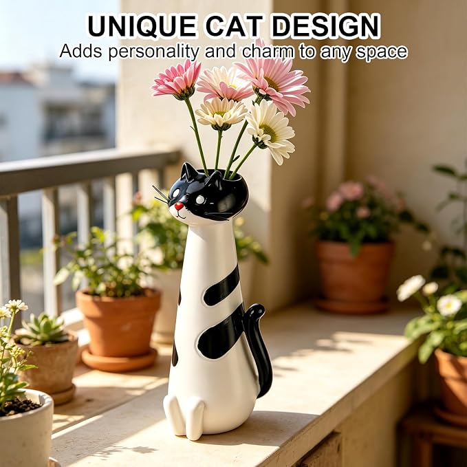 Cat Vase Planter, Cute Cat Figurine Flower Pot, Unique Decorative Resin Planter for Indoor Small Plants, Whimsical Desktop Ornament, Creative Housewarming Gift (Quirky Cat Vase)