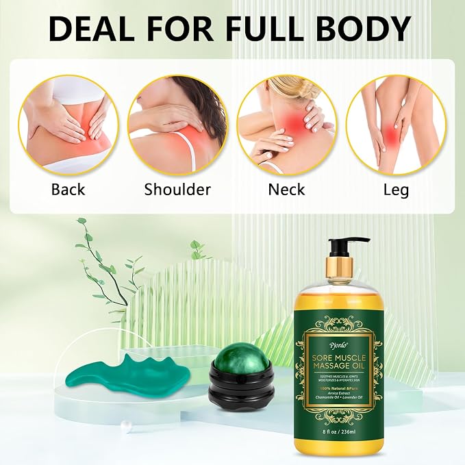 Pjordo Sore Muscle Massage Oil for Massage Therapy, with Massage Roller Ball & Thumb Saver Massager, Body Massage Oil for Muscle Relaxing, Soothes Joints & Muscles with Arnica, Lavender Oil(8 Fl Oz)