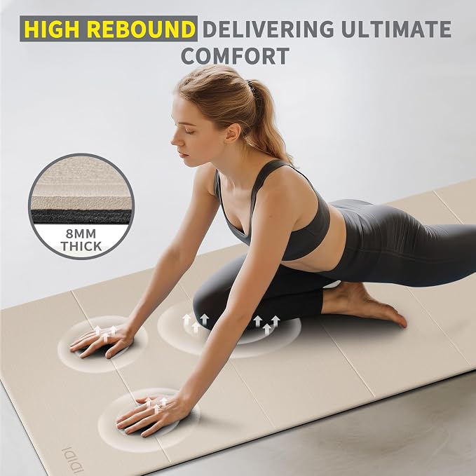 Foldable Extra Large Yoga Mat 74"×31.5", 8mm Double-Sided Non Slip Lightweight Fitness Mat for Man & Woman, Portable for Home Studio & Travel