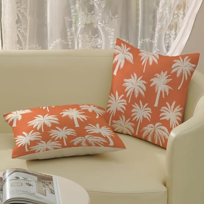 Burnt Orange Palm Tree Pillow Covers 18x18 Inch Set of 2 Vintage Tropical Decorative Pillow Cases Summer Outdoor Cushion Cover Farmhouse Linen Decoration Throw Pillows for Couch Living Room