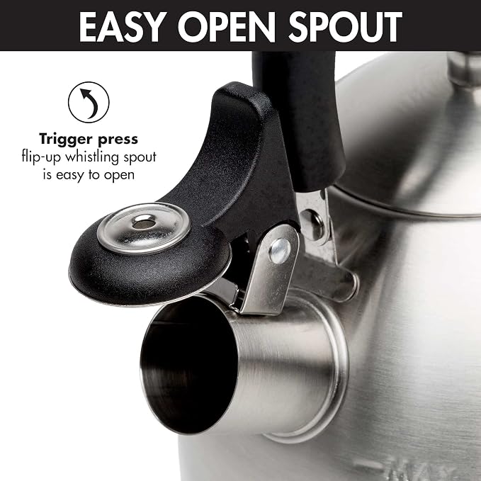 Primula Stewart Whistling Tea Kettle for Stovetop, Stainless Steel Stove Top Kettle with Fast Boil Whistling Spout and Cool Touch Folding Handle, 1.5-Quart, Brushed Silver with Black Handle