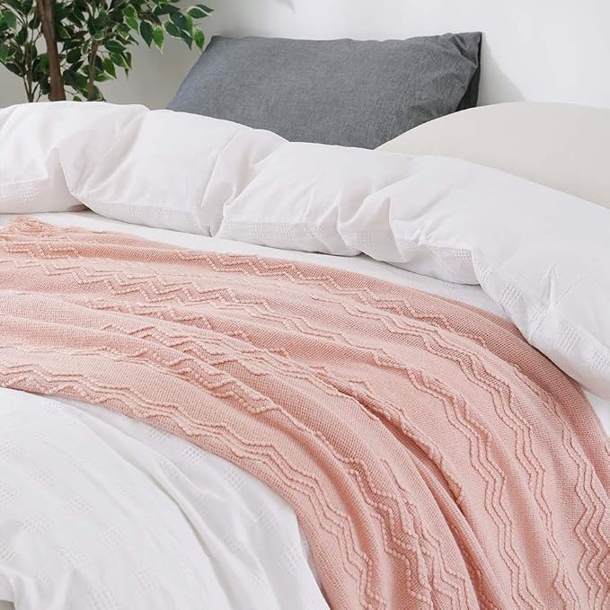 BOURINA Pink Throw Blanket 60x80 Inch Boho Knitted Soft Throw Sofa Blanket | Knitted Throw Blanket 60x80 Inches, Soft Lightweight Boho Weave Throw Decorative Couch Blanket for Living Room Bedroom Chair