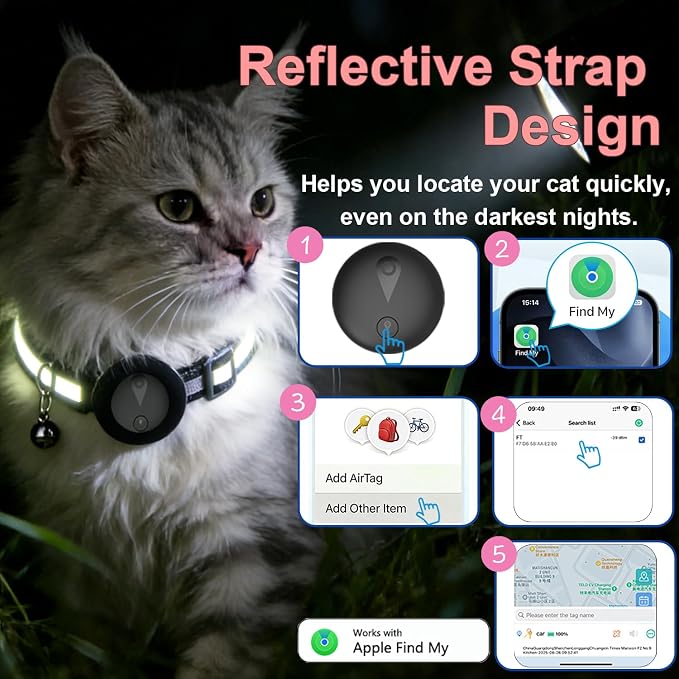 Pet GPS Tracker Collar for Cats,Mini GPS Dog Tracker,No Monthly Fee Location,Smart Pet Activity Tracker,Works with Apple iOS Find My,IP67 Waterproof Finder Tag Global Tracking*