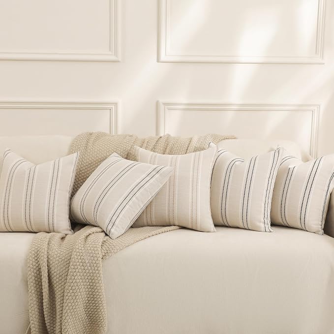 Hckot Hand Made Decorative Khaki Pillow Covers 18x18 Striped Throw Pillows Textured Linen Pillow Covers Farmhouse Decor Cushion Covers for Couch Bed Living Room, Khaki