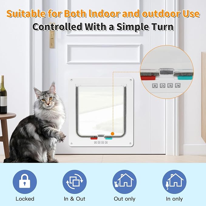Cat Door for Interior and Exterior Doors with 4-Way Locking System - Pet Door for Cats and Small Dogs, Durable Transparent PVC Flap with Noise Reduction Seals-Viywicz