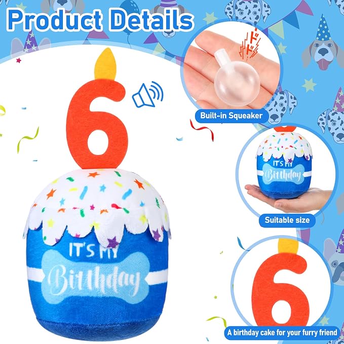 Dansydaisy Dog Birthday Cake Toy Squeaky Plush Gift,6th,Blue