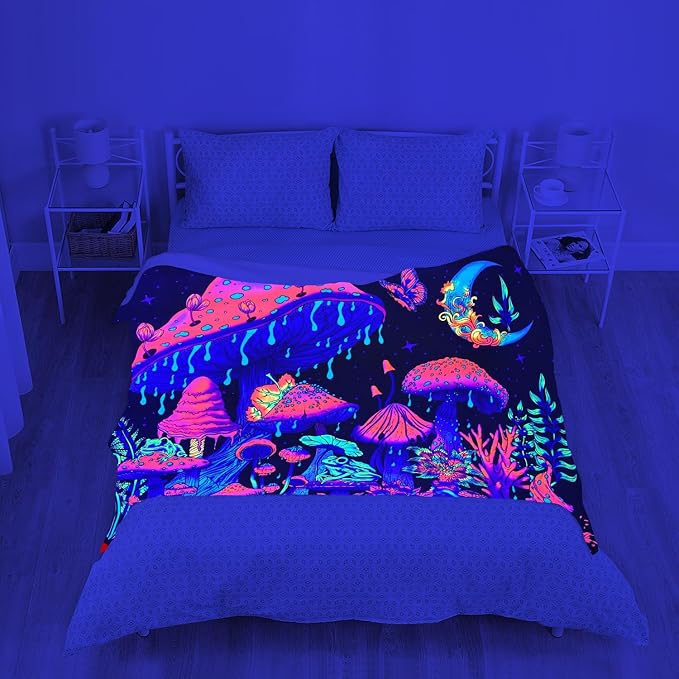 Blacklight Mushroom Throw Blankets Glow in the Dark Black Light Plant Throw Fantasy UV Reactive Mushroom Butterfly Moon Blanket Cute Throw for Bedroom Dorm Decor 59”x51”