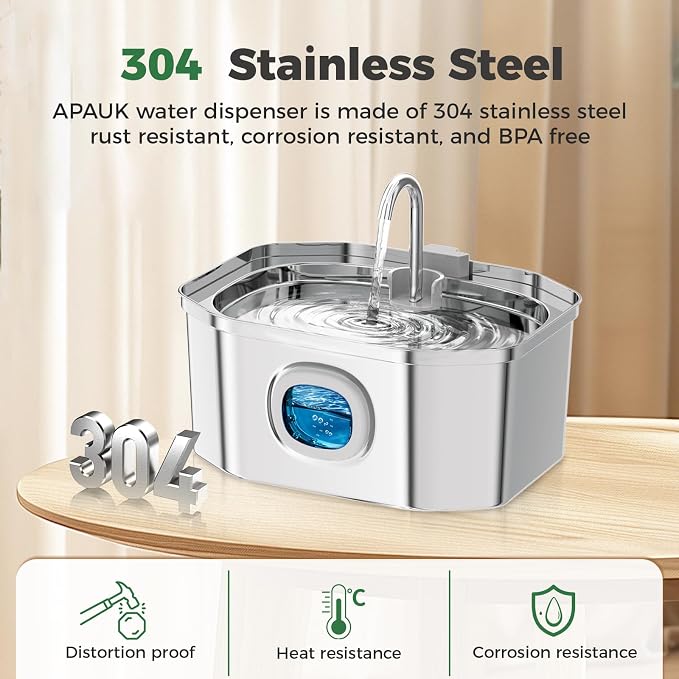 Cat Water Fountain, Apauk 108oz/3.2L Silent cat Water Fountain Stainless Steel, Cat Fountain, Automatic Pet Water Fountain,Dog Bowl, Controllable Blue Light - (6 Filters& 6 Sponges)