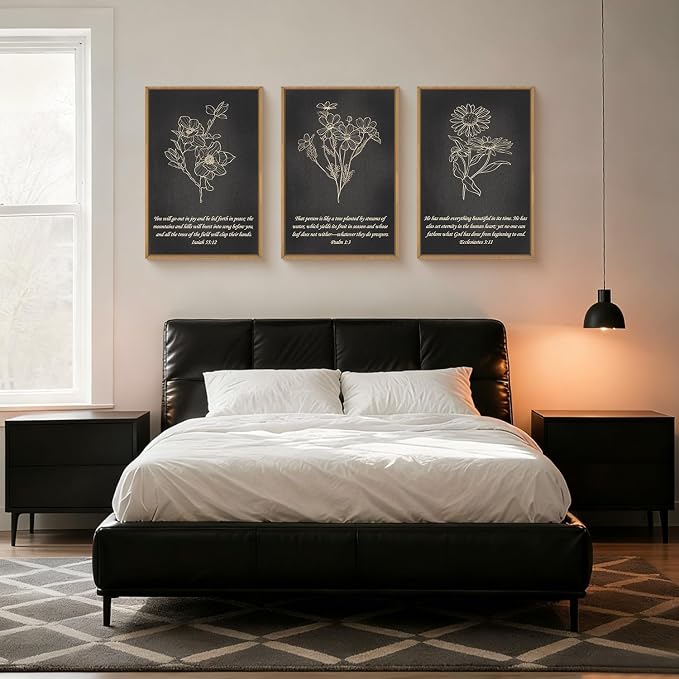 FWIEXA Black Christian Bible Verse Canvas Wall Art Set of 3, Easter Minimalist Scripture Wall Decor, Religious Beige Abstract Floral Painting, 16x24In Vintage Artwork for Living Room,Bedroom,Prayer Room