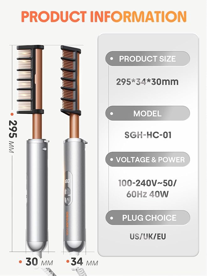 SHEGLAM Hot Comb Straightener Brush for Black Women Hair – 30s Fast Heating, 5 Temperature Settings, Dual Voltage, for Wigs, Insulated Protection Styler with Gloss Pro™ Coating