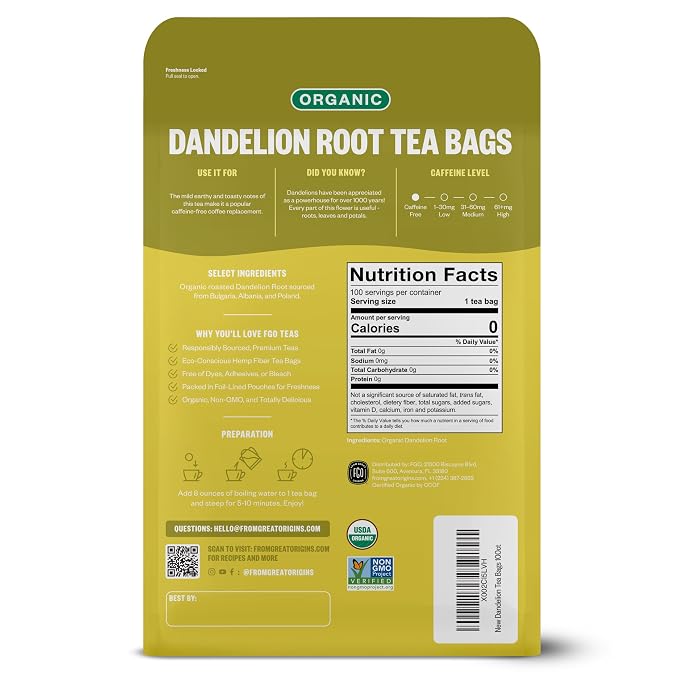 FGO Organic Roasted Dandelion Root Tea, 100 Count, Eco-Conscious Tea Bags, Resealable Bag, Caffeine Free, Packaging May Vary (Pack of 1)