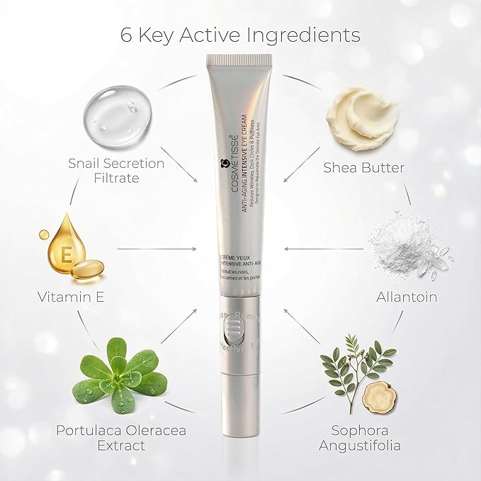 Cosmetisse Intensive Eye Cream with Vibrating Metal Applicator, Snail Secretion Filtrate, Shea Butter & Vitamin E, Helps Reduce the Appearance of Dark Circles, Puffiness & Fine Lines (0.68floz/20ml)