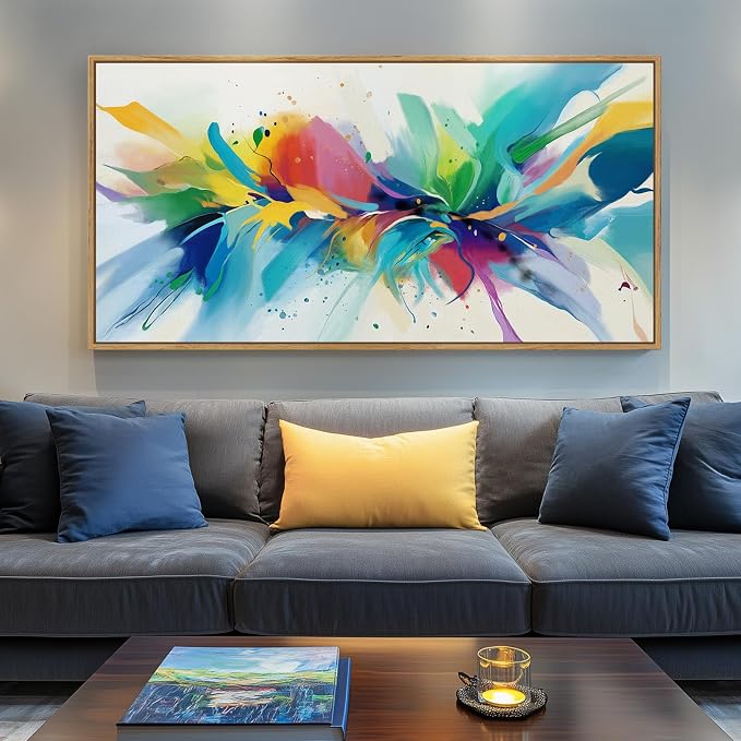 Large Framed Colorful Abstract Wall Art for Living Room, Horizontal 30x60 | Multicolor pictures, Canvas Prints, Bright modern paintings, Artwork for walls, Wall decor for bedroom dining room hallway