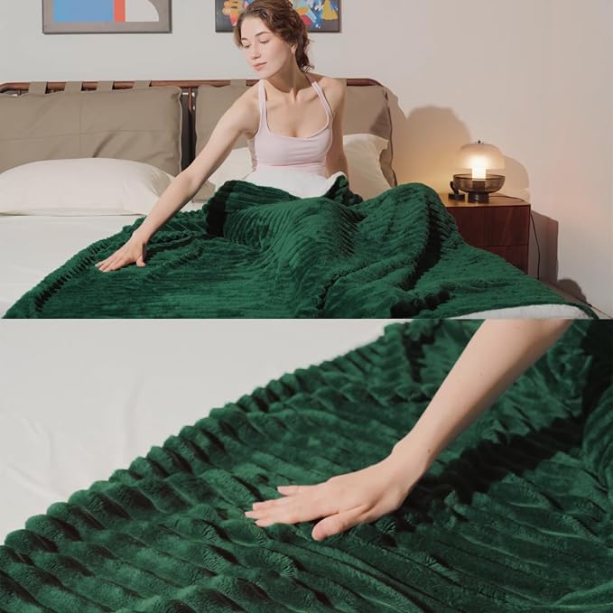 Green Sherpa Fleece Throw Blanket 60”×80”for Couch Sofa Bed | Double Side Soft Fuzzy Cozy Plush Thick Flannel Blanket with Striped Design Gift for Adults,Woman