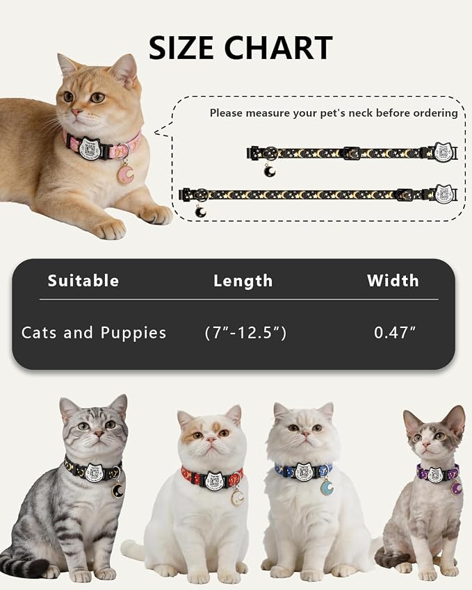 Star and Moon QR Code Cat Collar - Breakaway Safety Reflective Collar with Custom Engraved Tag, Adjustable Personalized Kitten Collar for Pet Tracking & Contact Info, Includes & Secure Buckle(Pink)