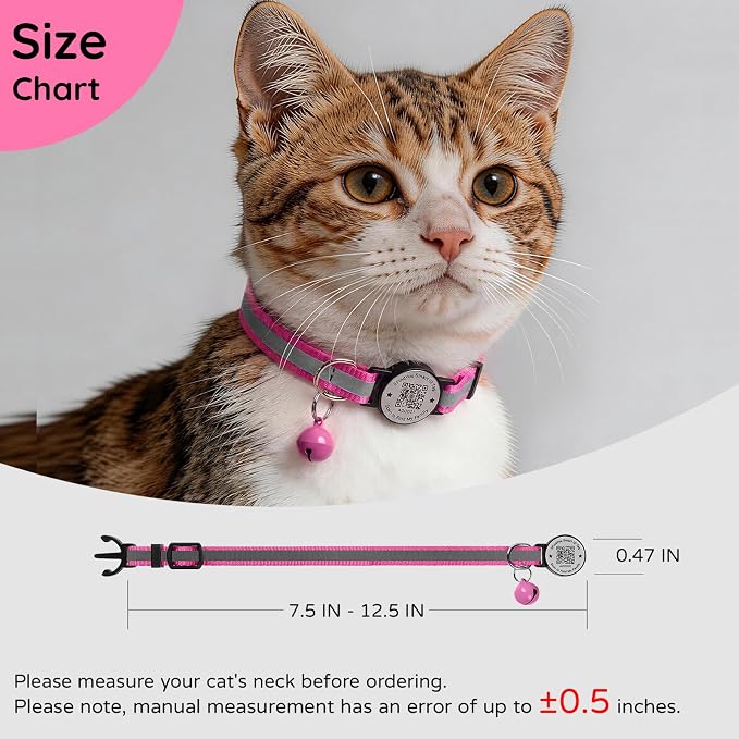 Breakaway Cat Collar QR Code, Reflective Bell, Adjustable Kitten, Rose Red