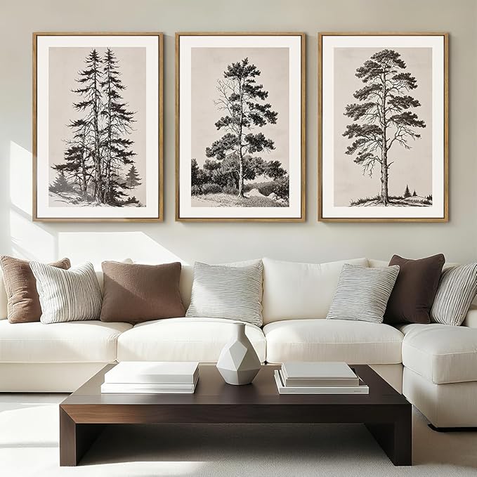 ANHUIB Vintage Tree Sketch Framed Canvas Wall Art 16x24 Inch Neutral Wilderness Forest Paintings Retro Botanical Wall Decor Set of 3 Black and White Landscape Prints for Living Room Bedroom Office