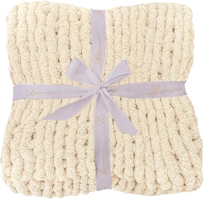 Bigacogo Chunky Knit Throw Blanket for Couch, 40x80 inches, Beige | Hand Knit with Jumbo Chenille, Soft Breathable Cable Knit for Sofa Bed Living Room, Machine Washable, Gift for Mom Friend