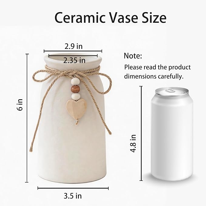 Rustic 6-Inch Ceramic Vase with Jute Rope & Heart Charm for Home Décor, White Flower Vase for Table Centerpieces and Gifts, Ideal for Living Room, Bedroom, and Office
