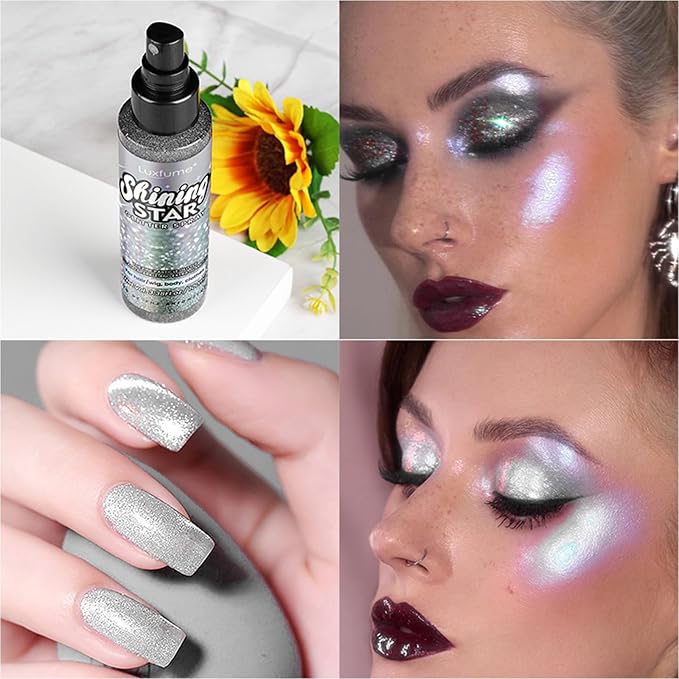 Body Glitter,100ML Body Glitter Spray,Glitter Spray for Hair/Body/Clothes,Long-Lasting and Quick-Drying Silver Glitter Hairspray Suitable for Stage, Festival Rave and Makeup Prom(3.38 Fl Oz)