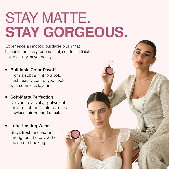 Palladio Matte Blush, Brushes onto Cheeks Smoothly, Soft Matte Look and Even Finish, Flawless Velvety Coverage, Effortless Blending Makeup, Flatters the Face, Convenient Compact, Poised