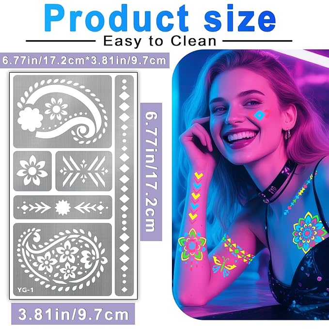 Glow in the Dark Face Paint Markers, UV Neon Body Paint Pen 4-Color + 8 Sheet Mandala Flower Bohemia Tattoos Stencils for Adult Teen Kid, Glow Party Nightclub Birthday Festival Christmas Washable