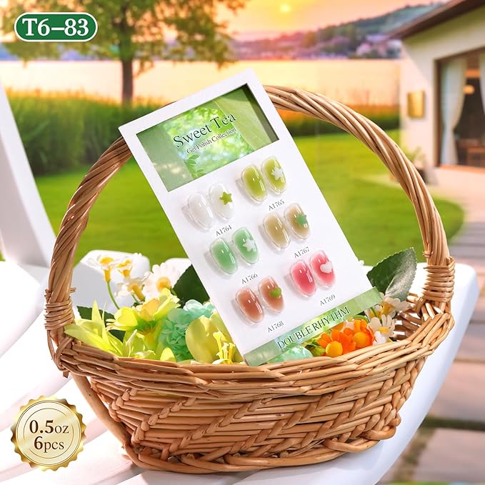 Double Rhythm 6 Pcs 15 ML Gel Polish Set Same Color Same Bottle Soak Off Gel Polish Kit Nail Art Manicure Salon DIY at Home (Jelly White Mint Green Olive Tea Brown Rose Red-T6-83)