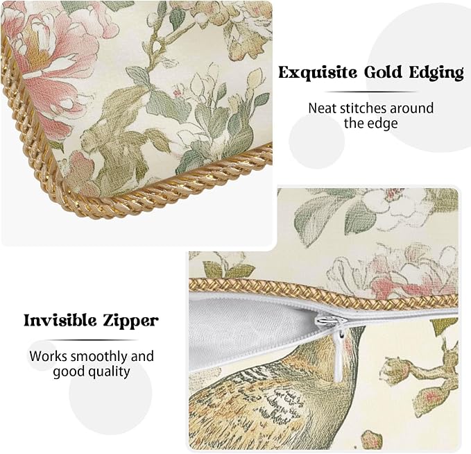 Vintage Cream Chinoiseriel Soft Velvet Throw Pillow Covers Set of 2 Bird Floral Flowers Leaves Decorative Pillow Covers 18x18 Inch Rustic Farmhouse Pillow Case For Sofa Couch Living Room Home Decor