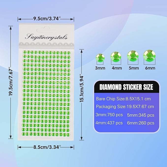 8 Sheets Rhinestone Stickers，3584 Pcs Gem Stickers for DIY Face Eyes Makeup Hair（Green-3/4/5/6mm）