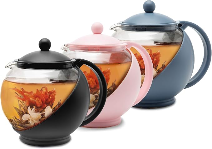 Primula Half Moon Teapot with Removable Infuser, Glass Tea Maker with Reusable Fine Mesh Stainless Steel Filter, Dishwasher Safe, 40-Ounce, Black