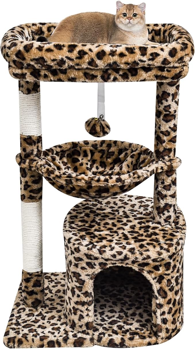 SYANDLVY Small Leopard Print Cat Tree for Indoor Cats, Modern Cat House | Cat Tower with Scratching Post & Padded Perch, Kittens Condo with Cradle, Cat Cave