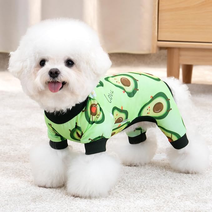 XPUDAC 2 Pack Dog Pajamas for Small Breeds, 4-Way Stretch Soft Dog Onesie Lightweight Warm Pet Clothes Jammies for Large Breeds Dinosaur Avocado Print, S