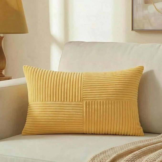 Fancy Homi Set of 1 Yellow Long Lumbar Decorative Throw Pillow Covers 12x24 Inch for Couch Bed Sofa, Rustic Farmhouse Boho Home Decor, Soft Striped Corduroy Rectangle Accent Cushion Case 30x60 cm