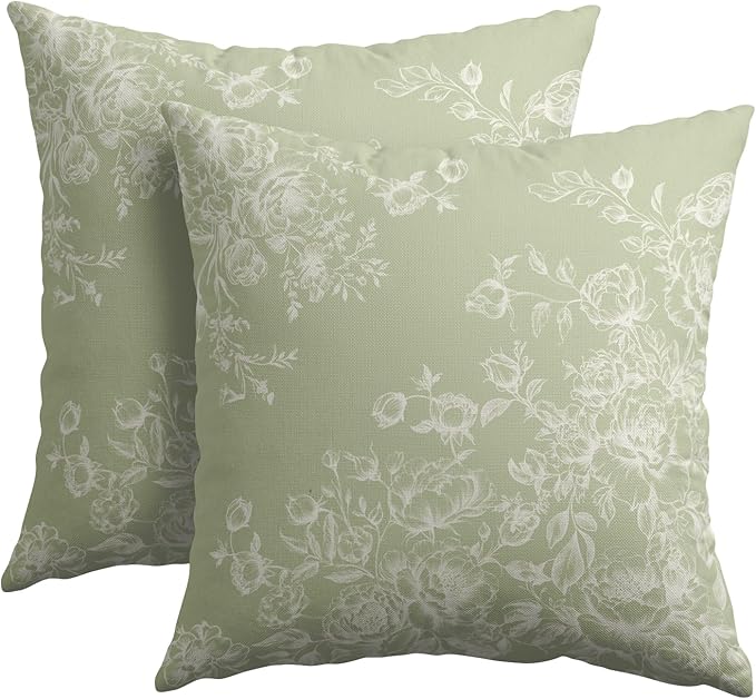 Kawani Green Cream Floral Pillow Covers 18x18 Inch Pack of 2, Vintage Rustic Flowers Leaves Square Pillowcase Cotton Linen Cushion Case for Couch Sofa Bed Farmhouse Home Outdoor Decor