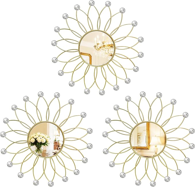 3 Pack Metal Mirrors for Wall Sunburst Wall Mirrors Home Décor Decorative Hanging Wall Art for Living Room Bedroom Entryway (Gold2 Crystal, Flowers)