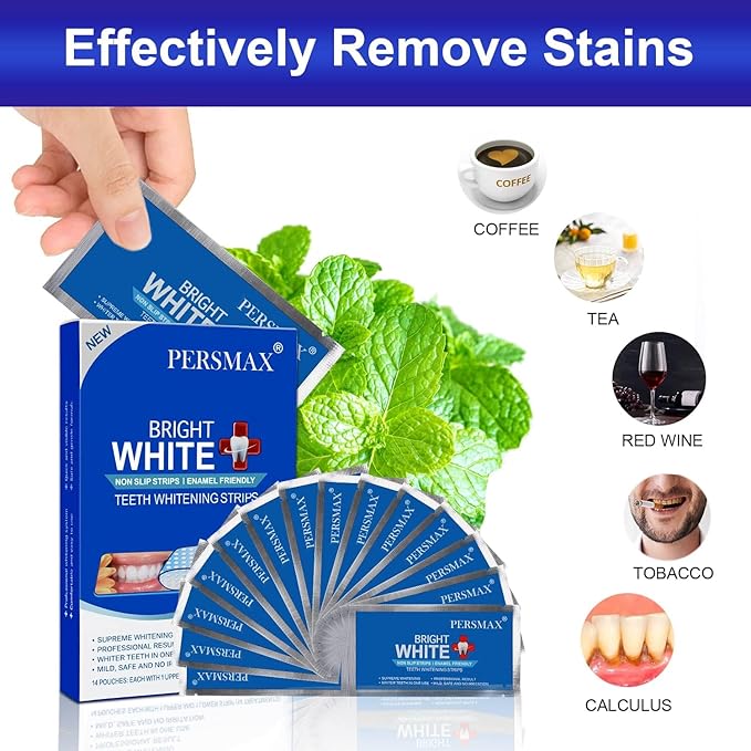 PERSMAX Teeth Whitening Strips – Professional Dentist Approved, Gum-Safe Formula, 28 Non-Slip Strips Kit, 14 Treatment, Pain-Free Express Whitening in 30 Min, Easy to Use for Bright Smile