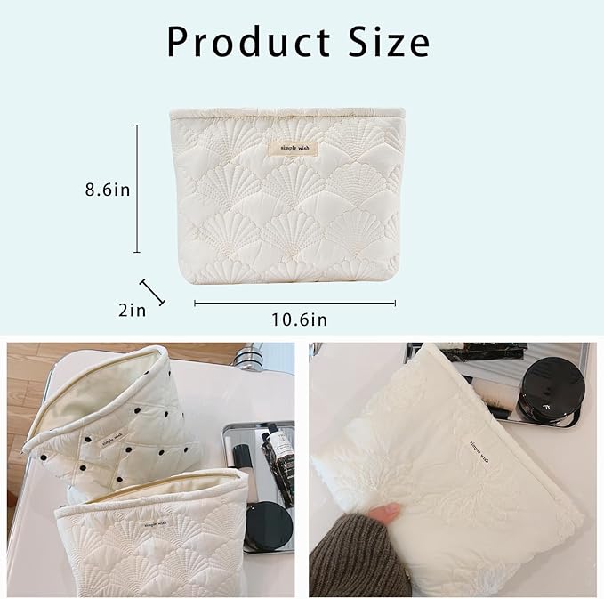 uekeboag White Quilted Cotton Makeup Pouch,Coquette Quilted Toiletry Bag for Women and Girls, Floral Coquette Organizer Bag, Aesthetic Travel Cosmetic Bags(03White Shells)