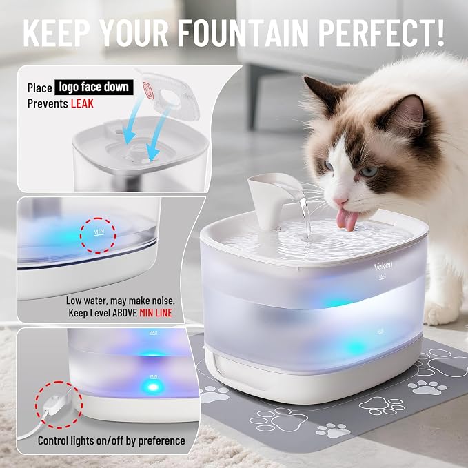 Veken 85oz/2.5L Cat Water Fountain with Detachable Tank for Cat, Dog, White | Easy to Clean & Assemble, Pet Drinking Dispenser with Quiet Operation & LED Light, Small Pets