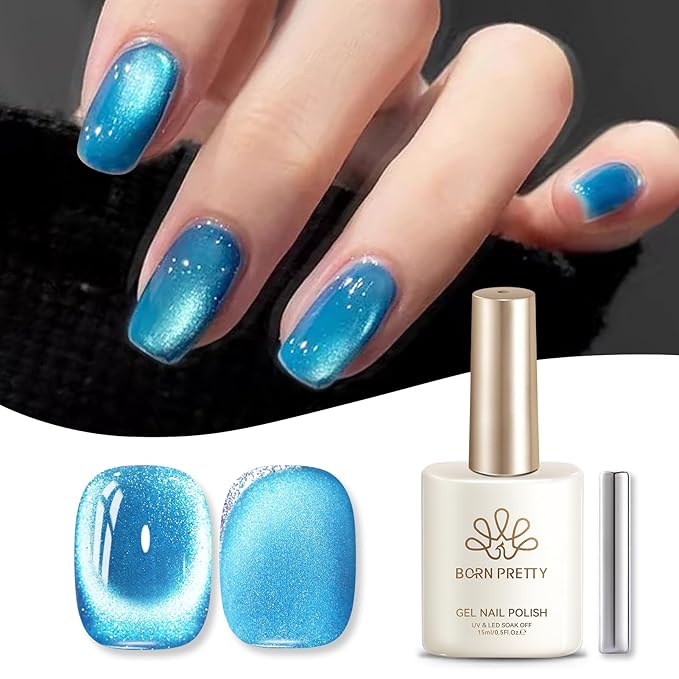 Born Pretty Blue Cat Magnetic Eye Gel Nail Polish,15ML Sea Blue Holographic Shimmer Glitter Magnetic Gel Polish,Reflective Translucent U V Gels for Manicure Salon DIY