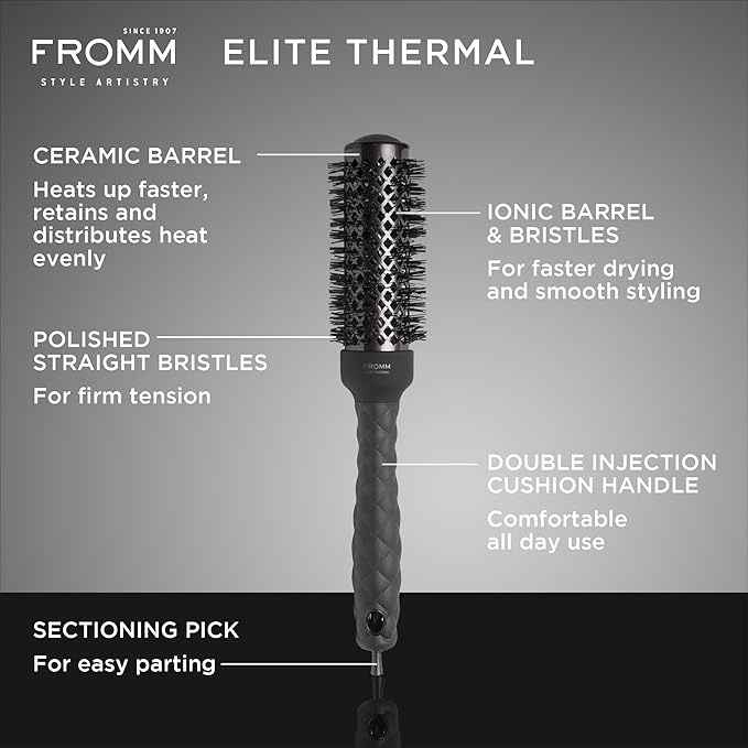 Fromm Elite Thermal Ceramic x Ionic 1.25 Inch Round Hair Brush for Expert Blowouts, Faster Hair Drying, Anti-Static Styling, Smoothing, Straightening, and Shine