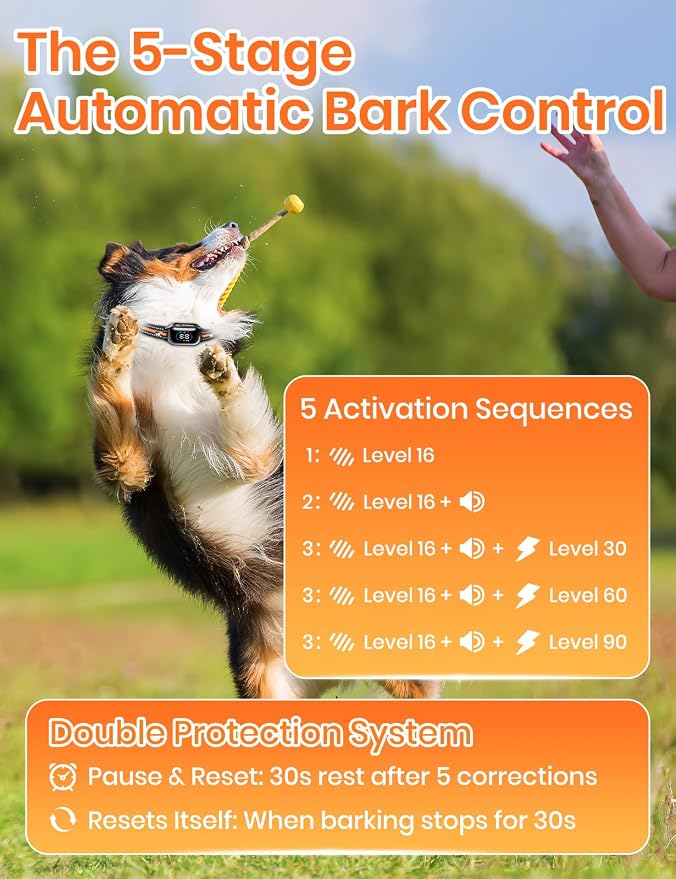 Smart 2-in-1 Dog Shock and Bark Collar - AI Anti-Misoperation | 3300FT Remote Training Collar, IPX7 Waterproof, 4 Modes (Tone, Vibration, Safe Shock, Auto Anti-Bark) for Dogs - Orange