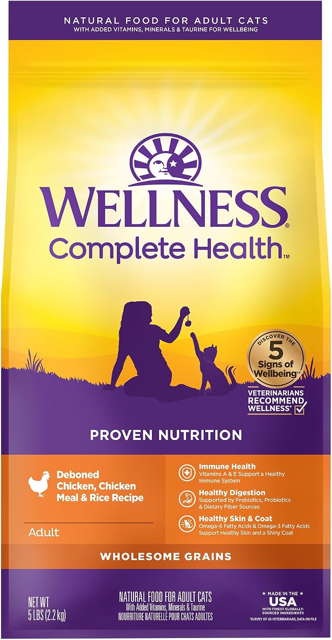 Wellness Complete Health Adult Dry Cat Food, Natural, Wholesome Grains Kibble, Chicken Recipe, 5 lb Bag