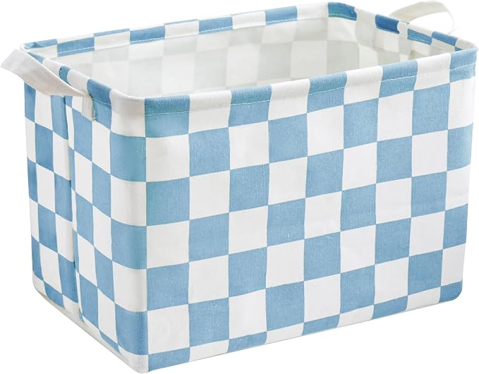 Ohocut Blue White Checkered Canvas Basket, Rectangular Organizing Decorative Storage Basket for Kids Dog Toy, Cute Aesthetic Race Cars Boy Room Decor for Home, Kitchen, Bedroom, Classroom, Shelves
